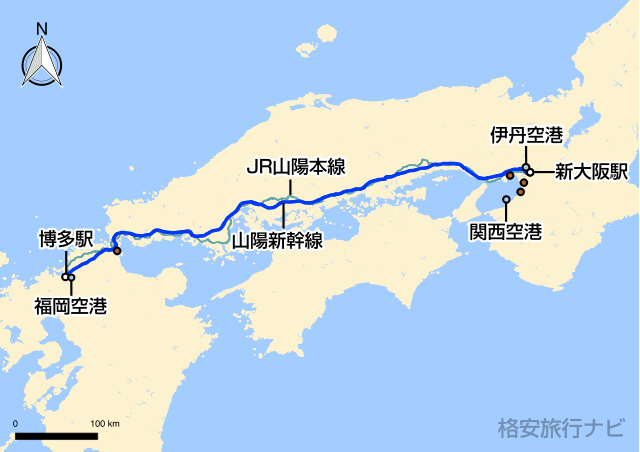 大阪〜福岡の地図