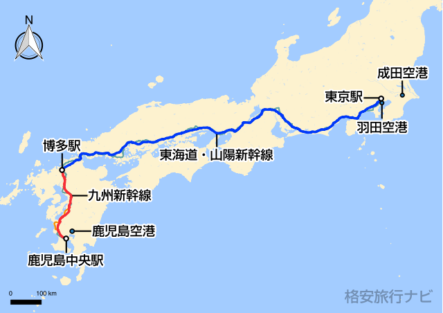 東京〜鹿児島の地図