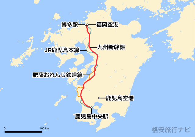 福岡〜鹿児島の地図