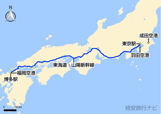 東京〜福岡の地図