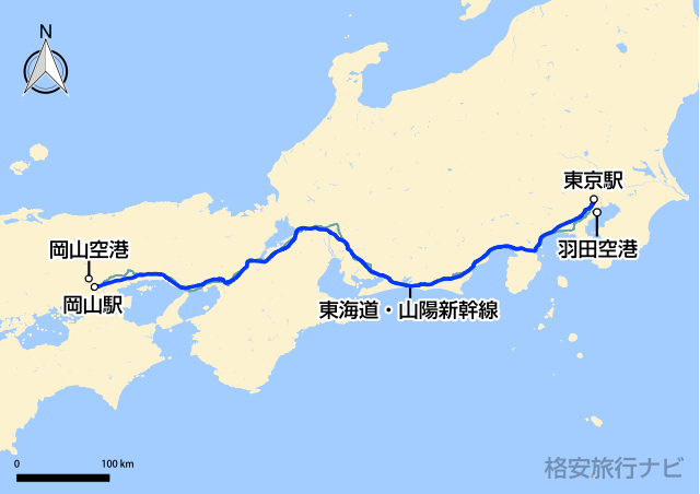 東京〜岡山の地図