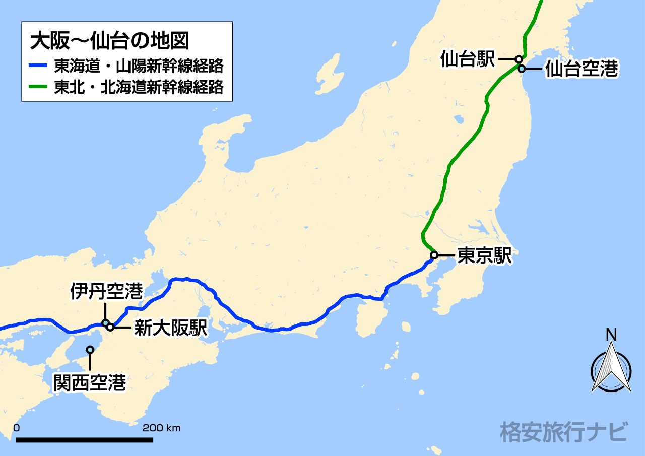 大阪〜仙台の地図