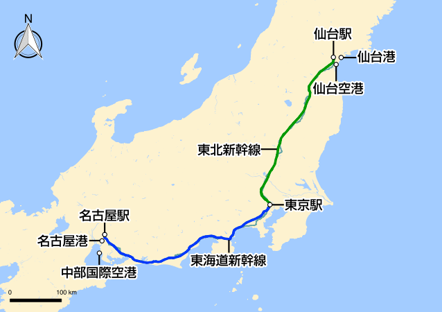 名古屋〜仙台の地図