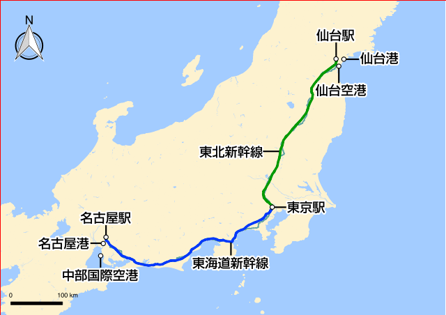 名古屋〜仙台の地図