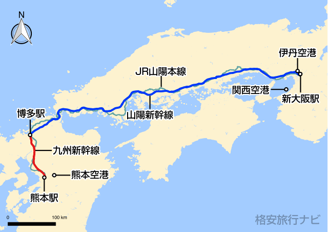 大阪〜熊本の地図