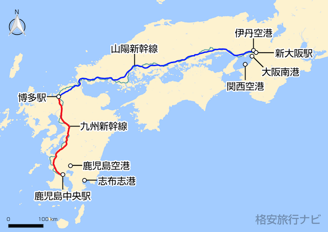 大阪〜鹿児島の地図