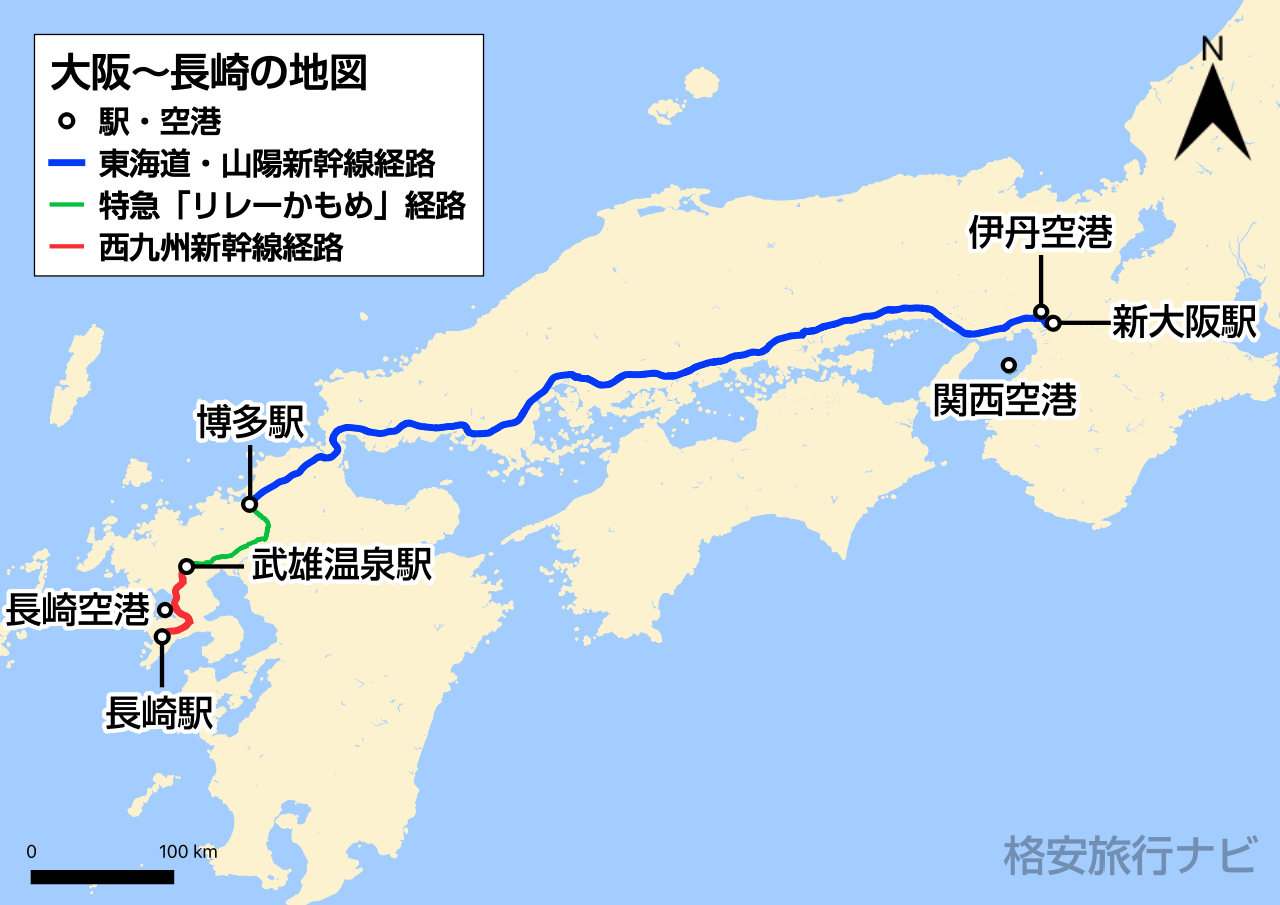 大阪〜長崎の地図