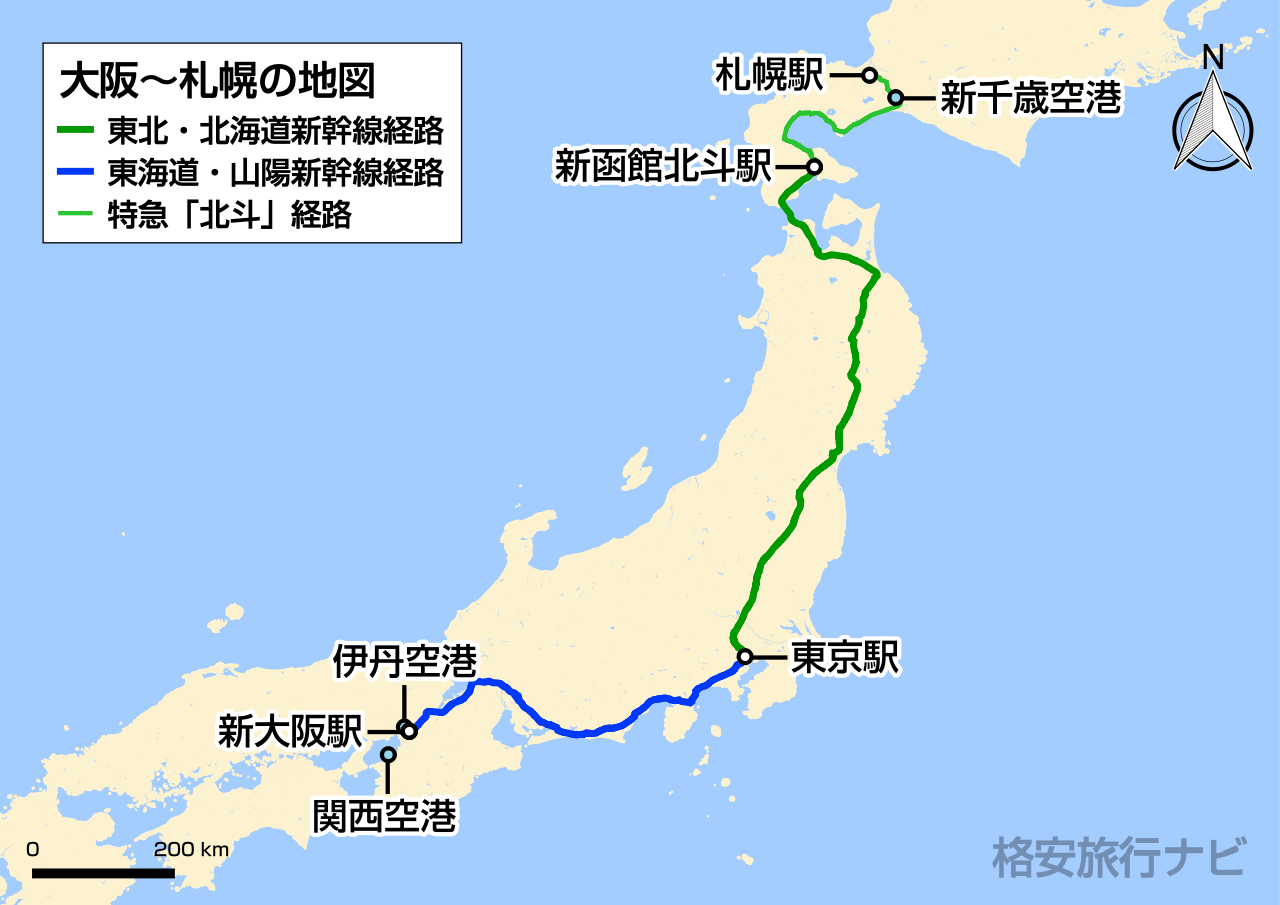 大阪〜札幌の地図