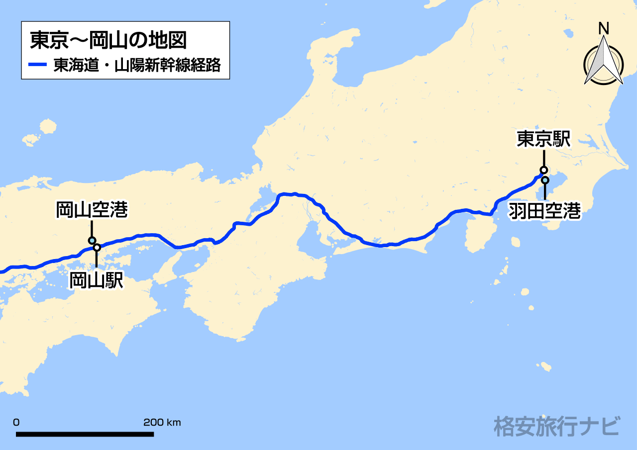 東京〜岡山の地図