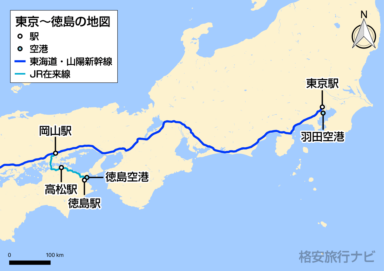 東京〜徳島の地図